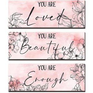 3 Pieces Floral Wooden Hanging Wall Art Positive Quotes You Are Loved